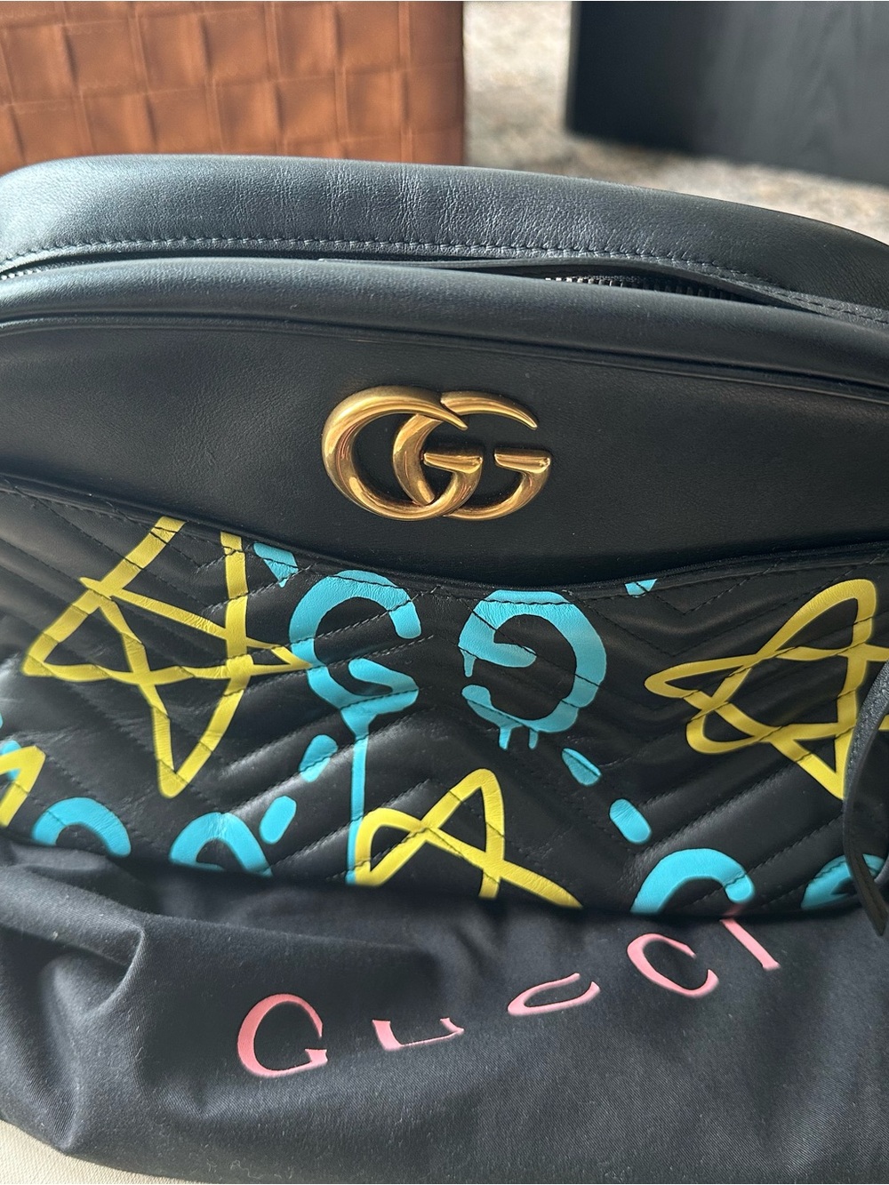Authentic Gucci GG Marmont Graffiti Camera Bag Black Leather